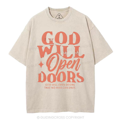 God Will Open Doors Christian Washed T-Shirt