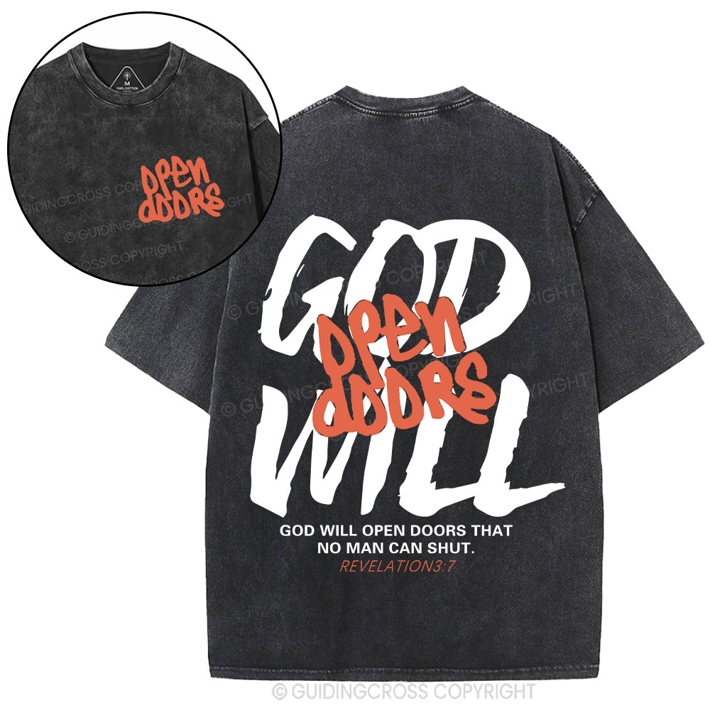 God Will Open Doors Christian Washed T-Shirt Sale - GuidingCross