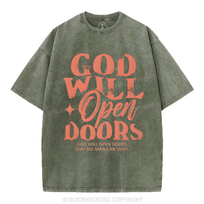 God Will Open Doors Christian Washed T-Shirt