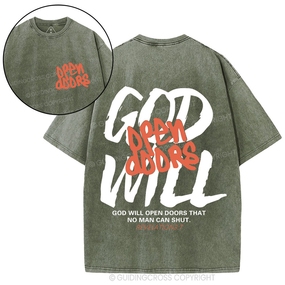 God Will Open Doors Christian Washed T-Shirt Sale - GuidingCross