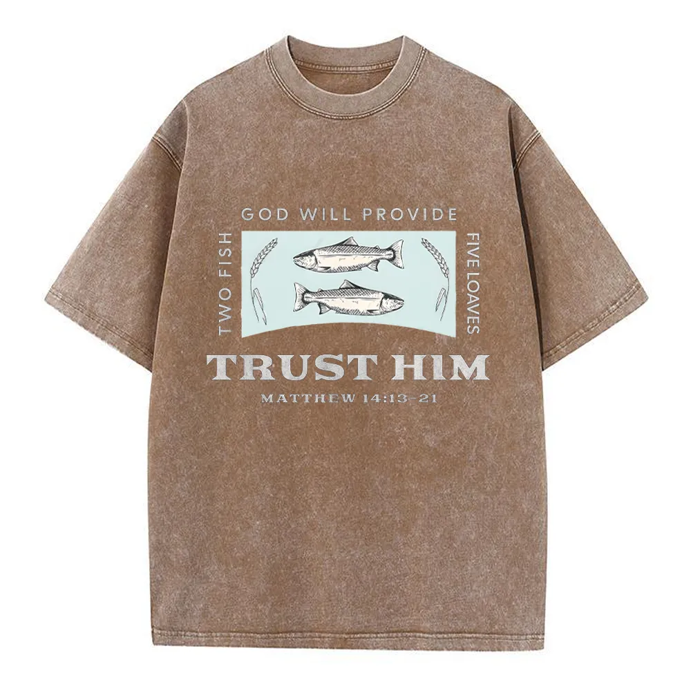 God Will Provide Two Fish Five Loaves Christian Washed T-Shirt