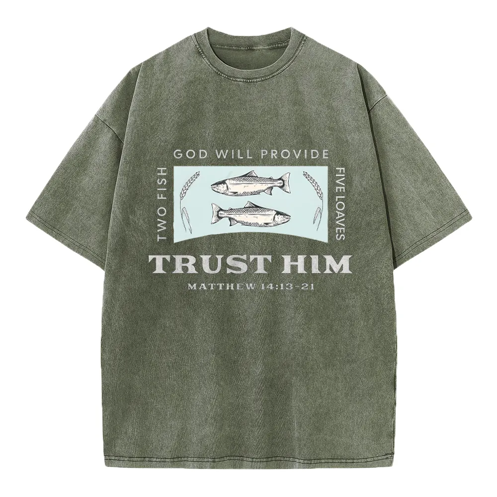 God Will Provide Two Fish Five Loaves Christian Washed T-Shirt