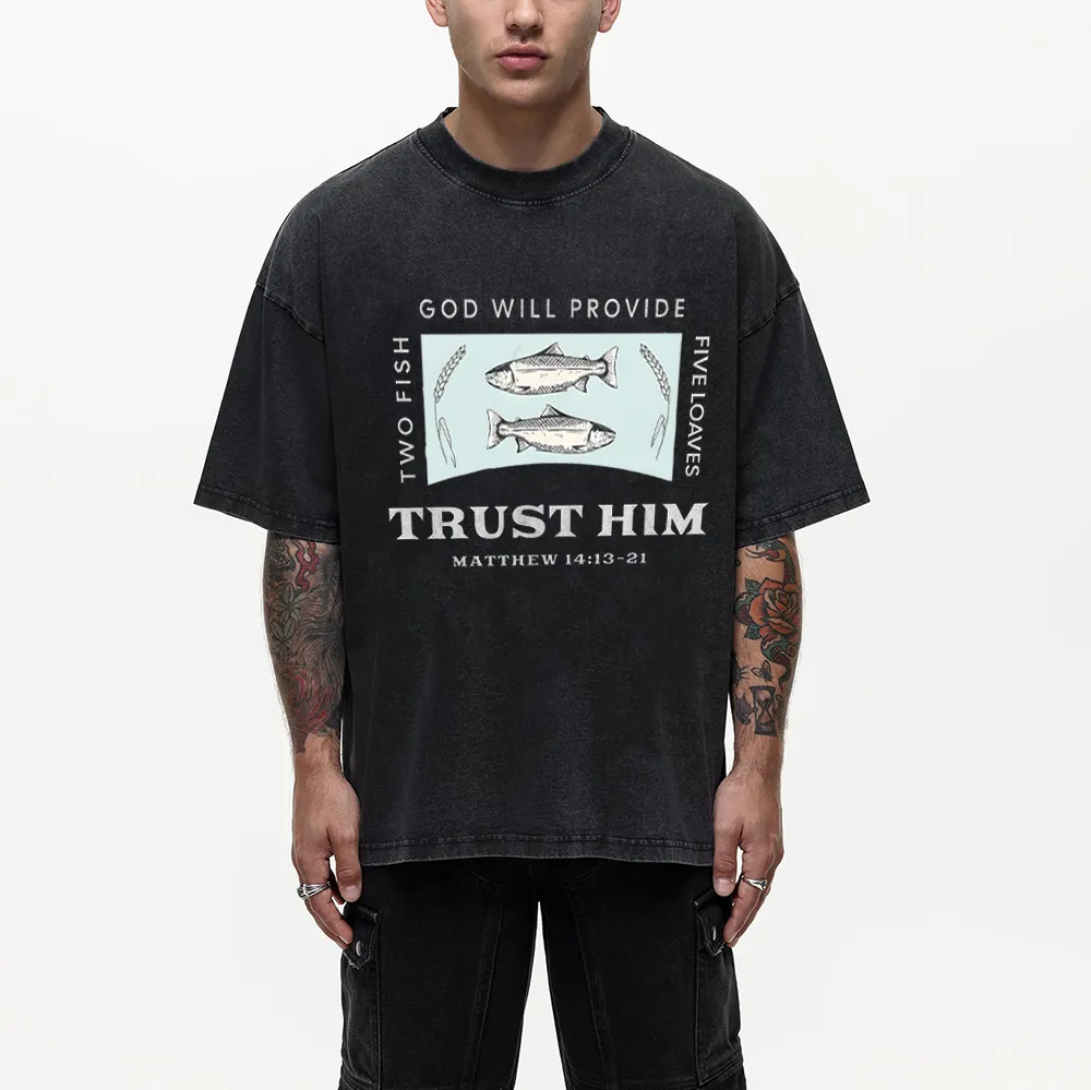 God Will Provide Two Fish Five Loaves Christian Washed T-Shirt