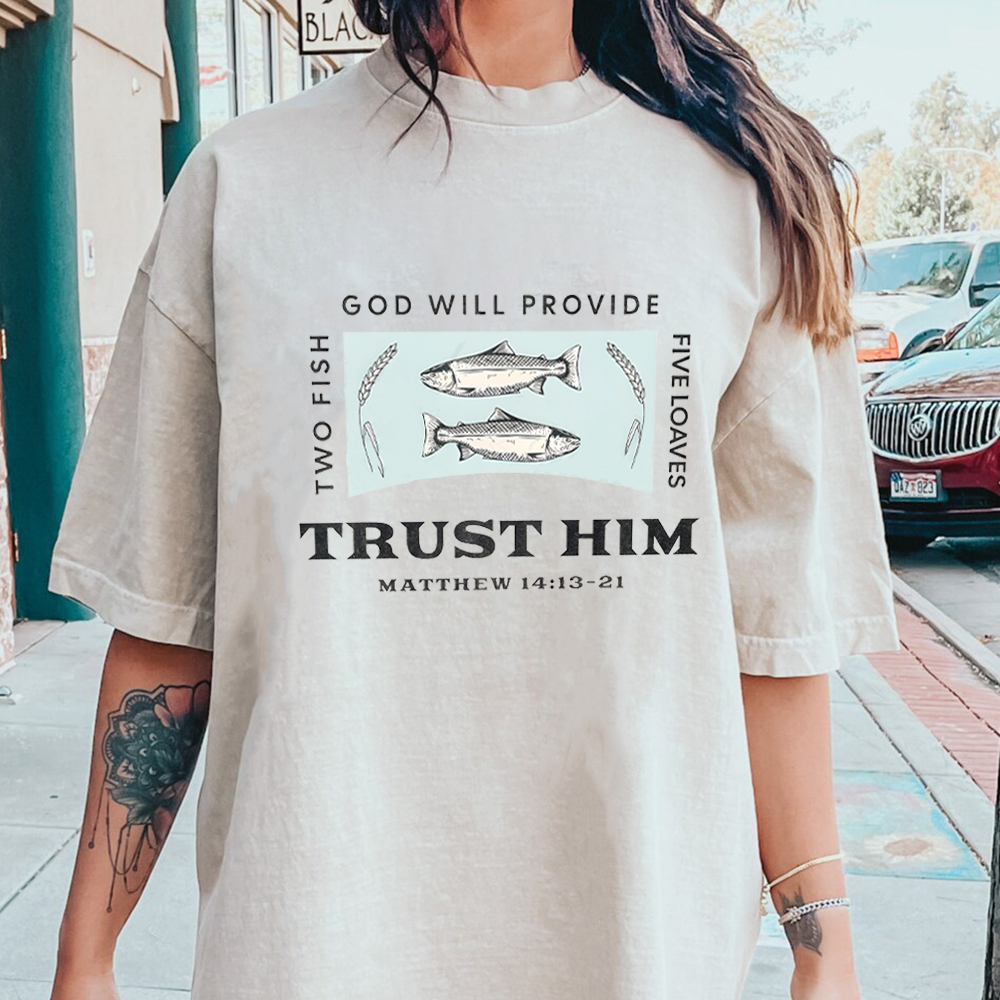 God Will Provide Two Fish Five Loaves Christian Washed T-Shirt