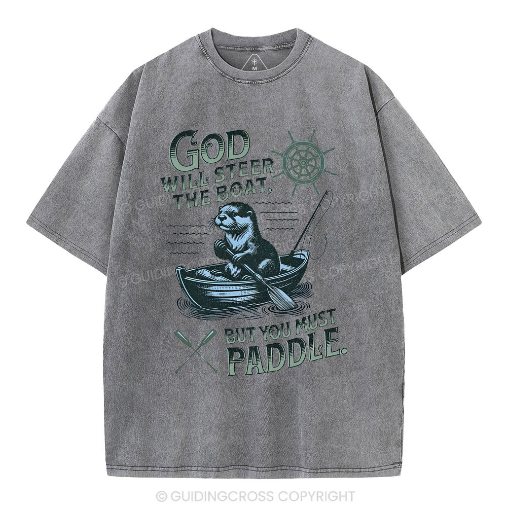 God Will Steer The Boat Christian Washed T-Shirt