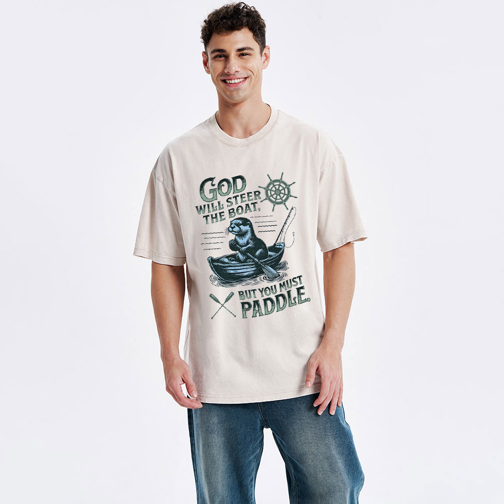 God Will Steer The Boat Christian Washed T-Shirt