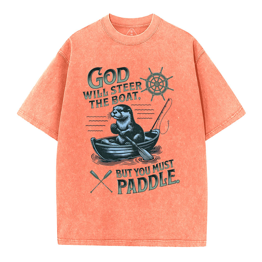God Will Steer The Boat Christian Washed T-Shirt