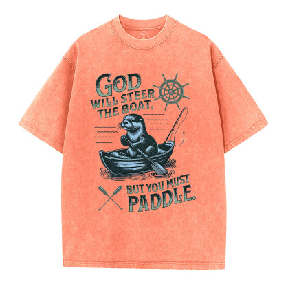 God Will Steer The Boat Christian Washed T-Shirt