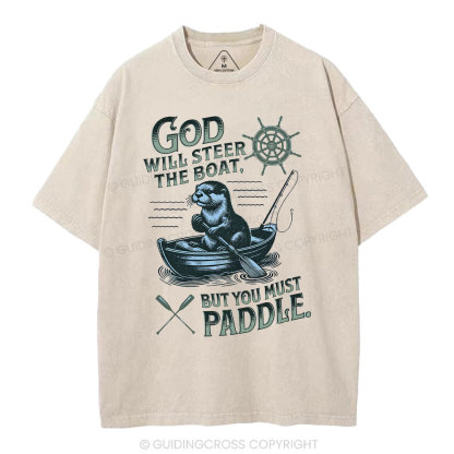 God Will Steer The Boat Christian Washed T-Shirt