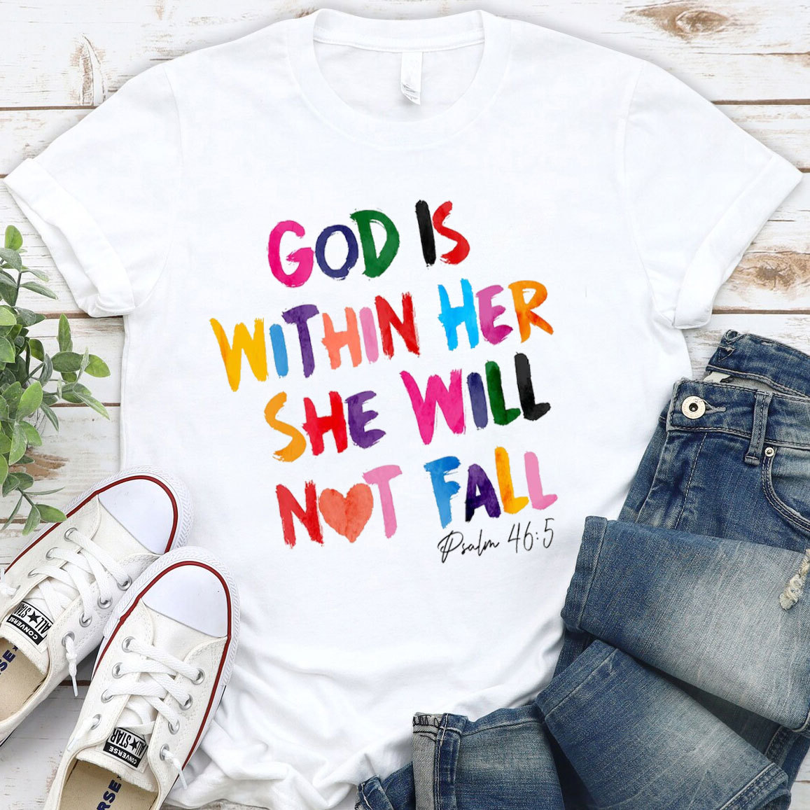 God With Her She Will Not Fall Christian T-Shirt