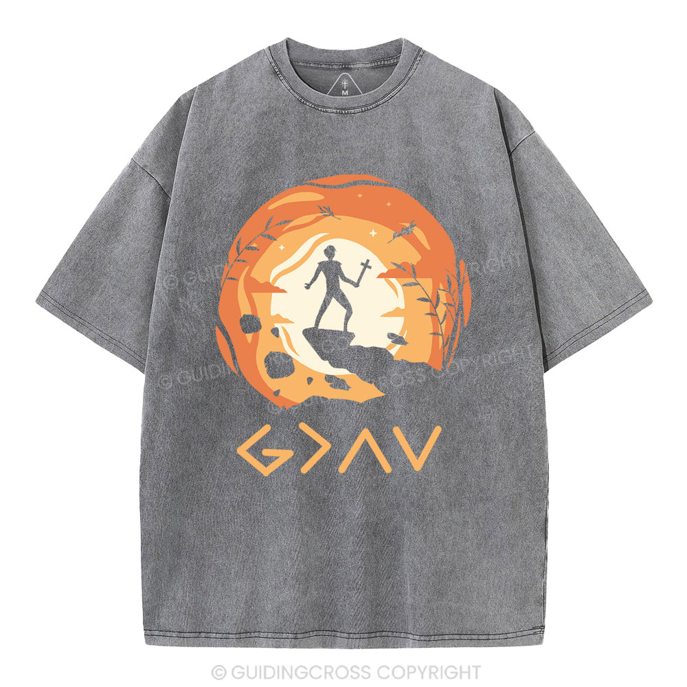 God is Greater Than the Highs and Lows Christian Washed T-Shirt