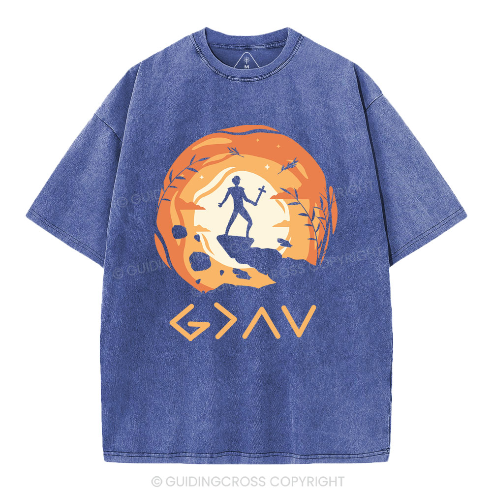 God is Greater Than the Highs and Lows Christian Washed T-Shirt