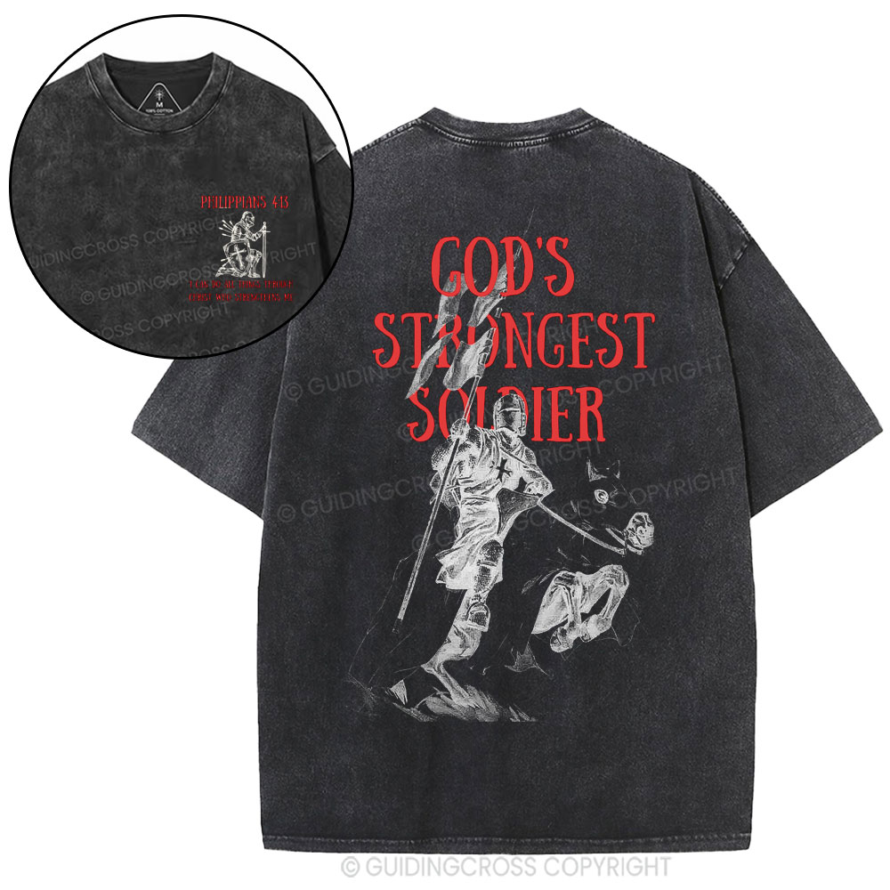 God's Strongest Soldier Christian Washed T-Shirt Sale - GuidingCross