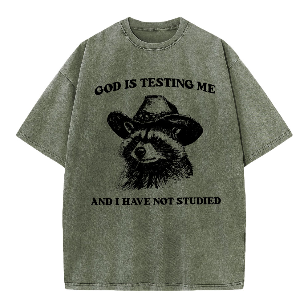 God's Testing Me Funny Raccoon Christian Washed T-Shirt