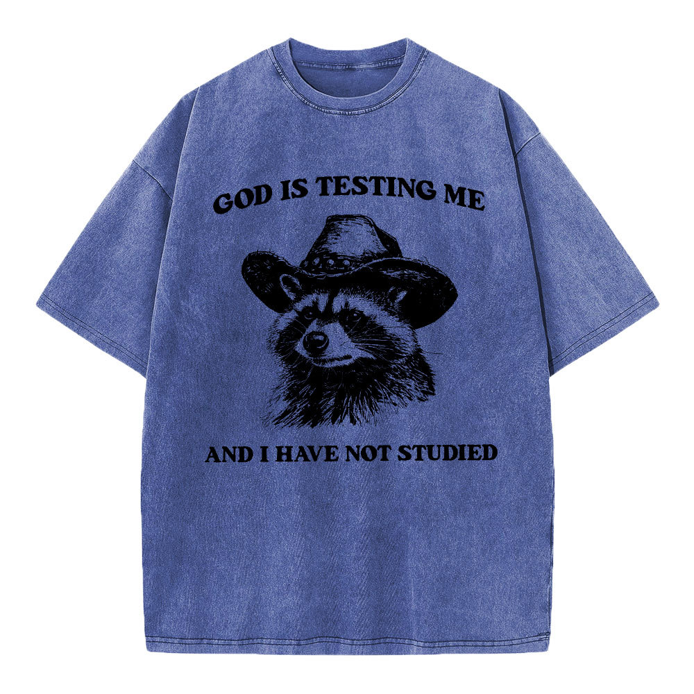 God's Testing Me Funny Raccoon Christian Washed T-Shirt