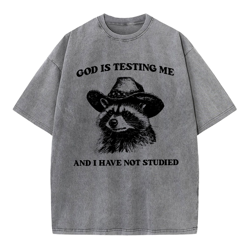 God's Testing Me Funny Raccoon Christian Washed T-Shirt