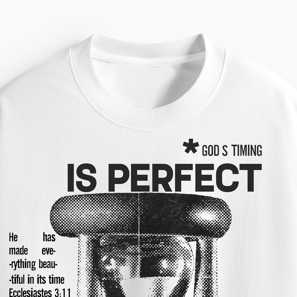 God's Timing Is Perfect Oversized All-Over Print Christian T-Shirt
