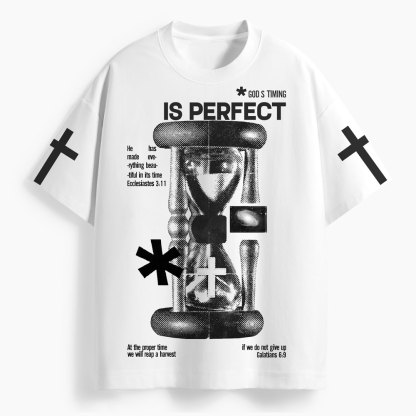 God's Timing Is Perfect Oversized All-Over Print Christian T-Shirt
