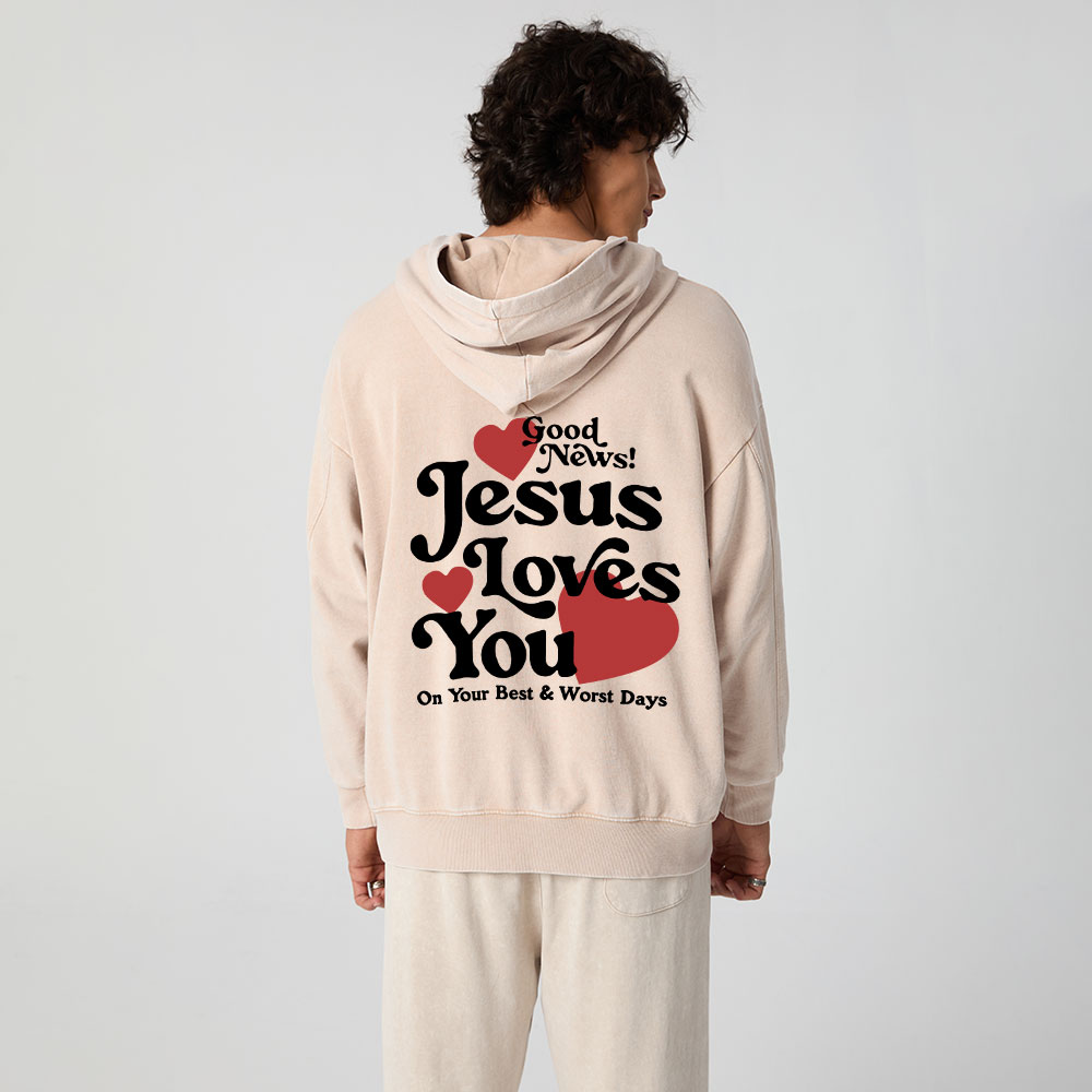 Good News Jesus Loves You Christian Washed Hoodie