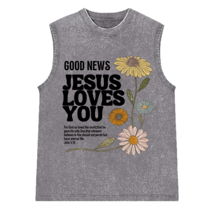 Good News Jesus Loves You Christian Washed Sleeveless Tee