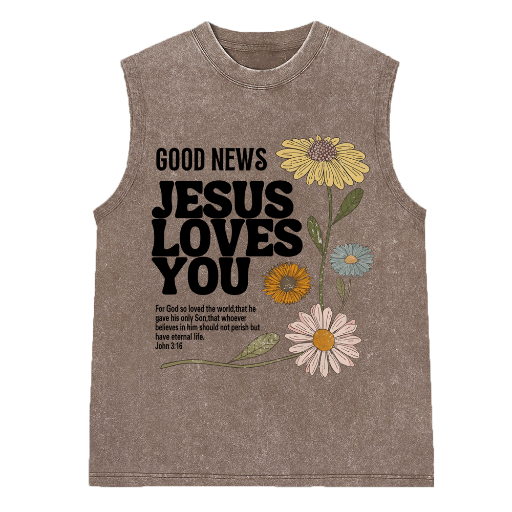 Good News Jesus Loves You Christian Washed Sleeveless Tee