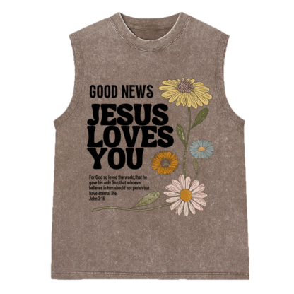 Good News Jesus Loves You Christian Washed Sleeveless Tee