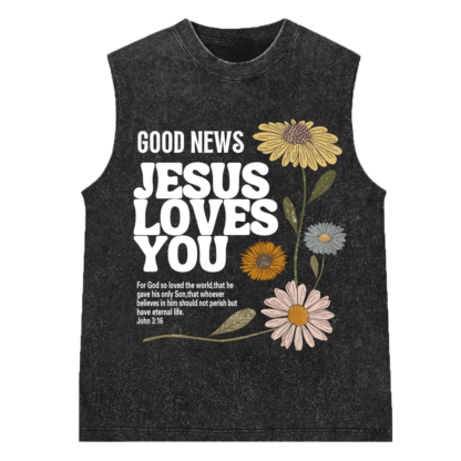 Good News Jesus Loves You Christian Washed Sleeveless Tee