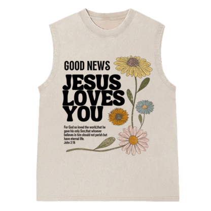 Good News Jesus Loves You Christian Washed Sleeveless Tee