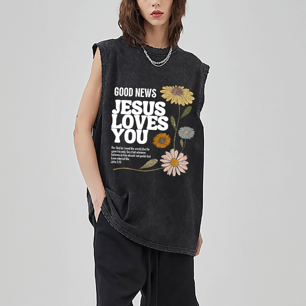 Good News Jesus Loves You Christian Washed Sleeveless Tee