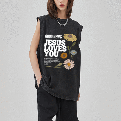 Good News Jesus Loves You Christian Washed Sleeveless Tee