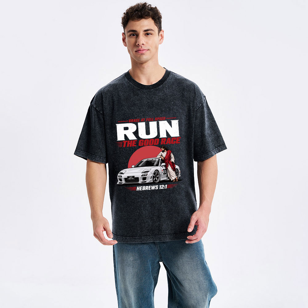 Grace At Full Speed Run The Good Race Christian Washed T-Shirt