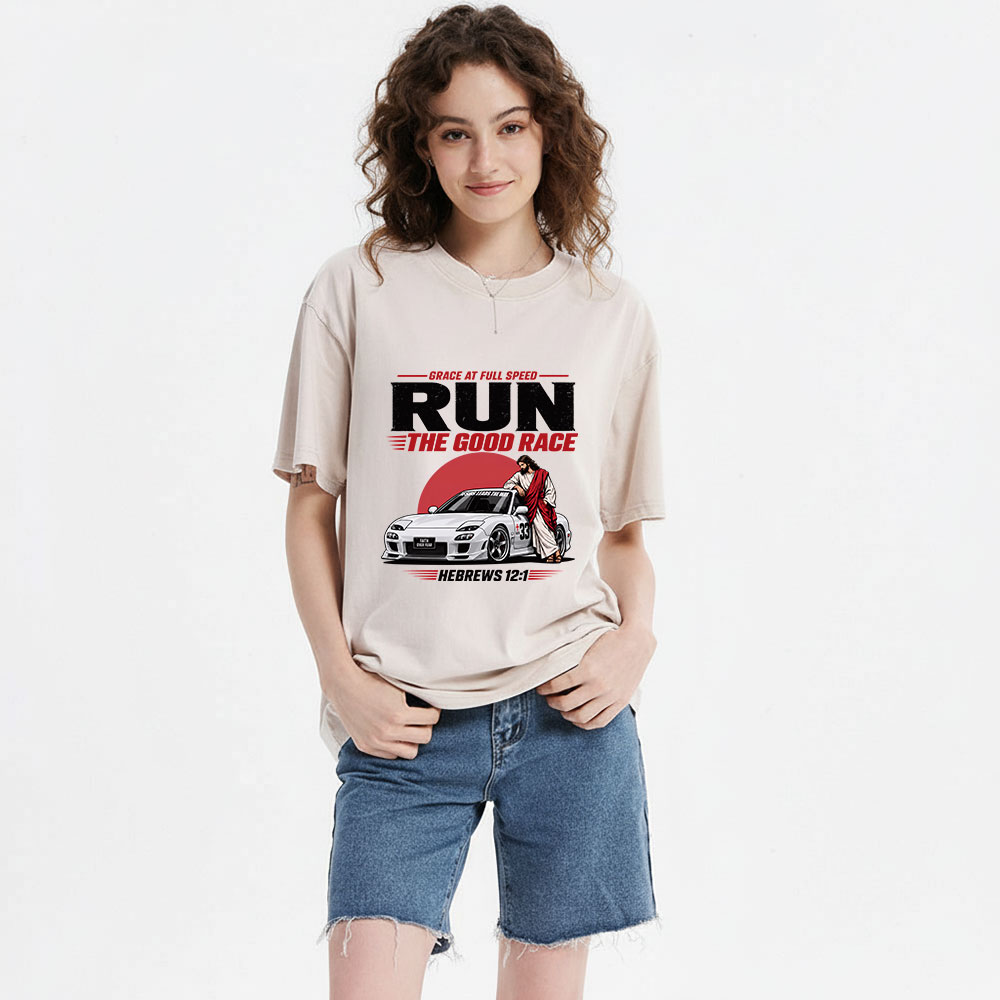 Grace At Full Speed Run The Good Race Christian Washed T-Shirt