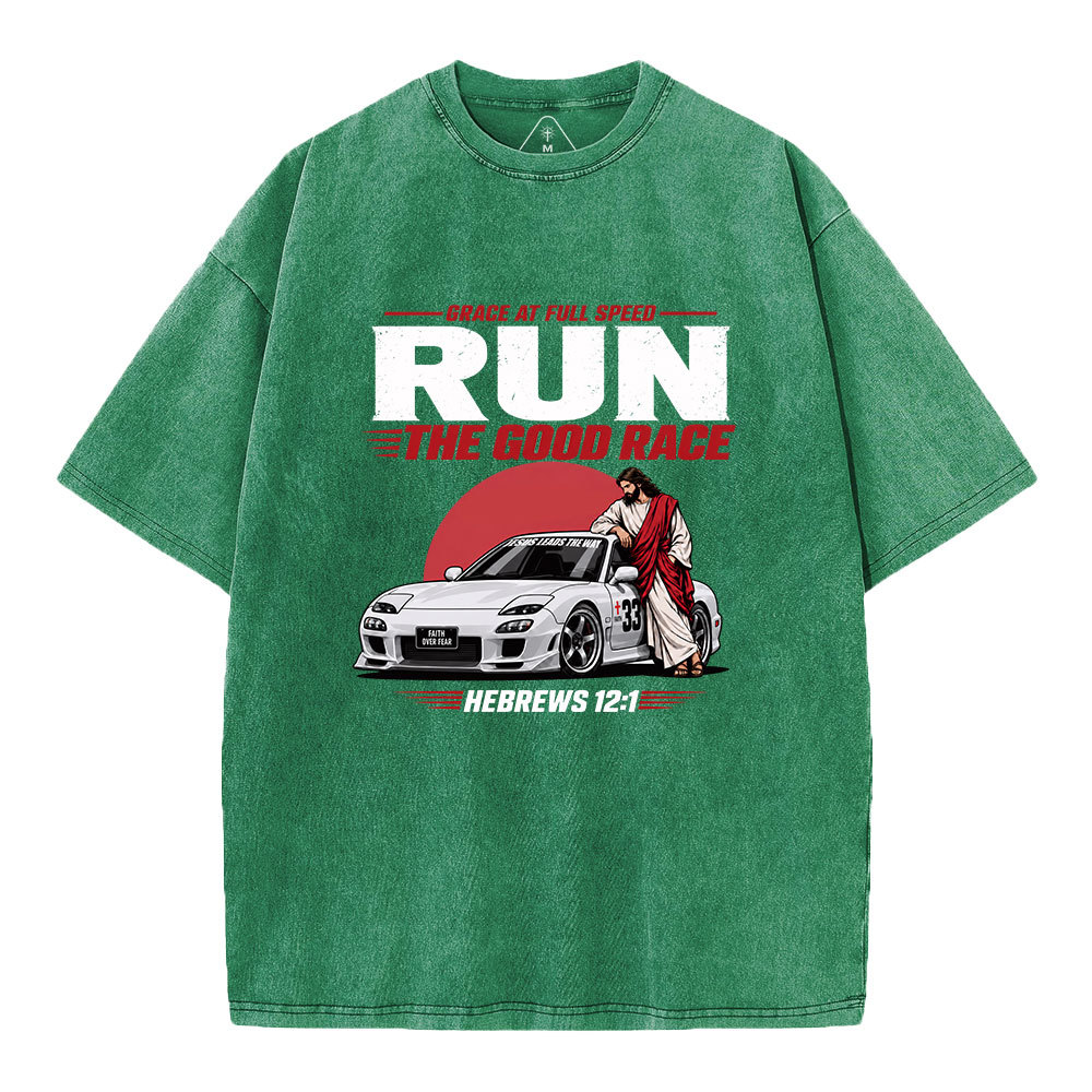 Grace At Full Speed Run The Good Race Christian Washed T-Shirt