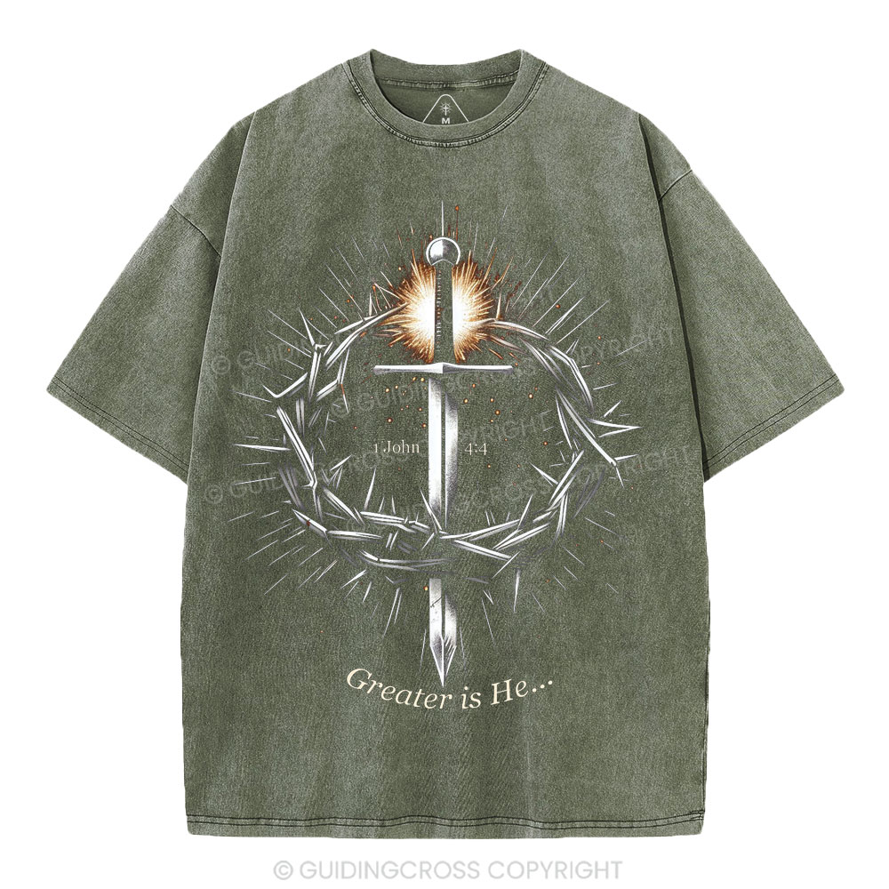 Greater Is He Christian Washed T-Shirt