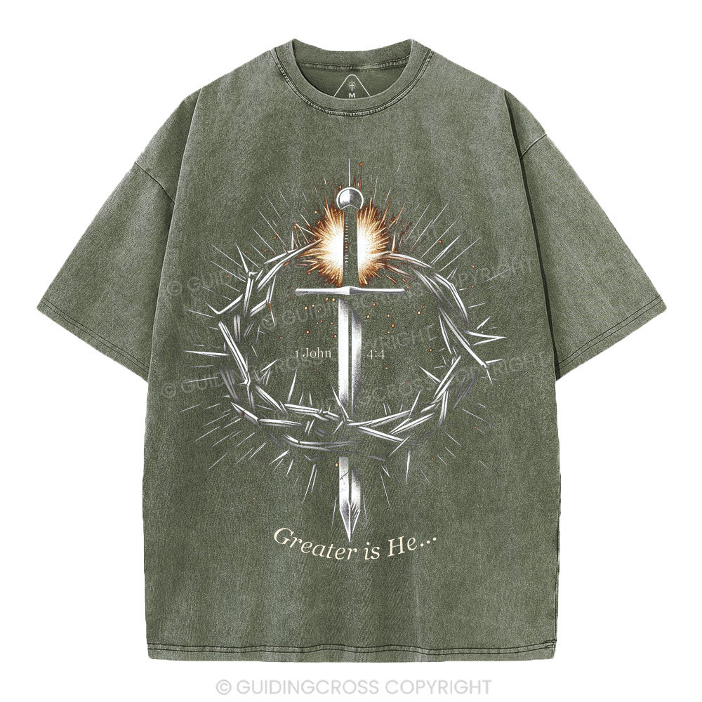 Greater Is He Christian Washed T-Shirt