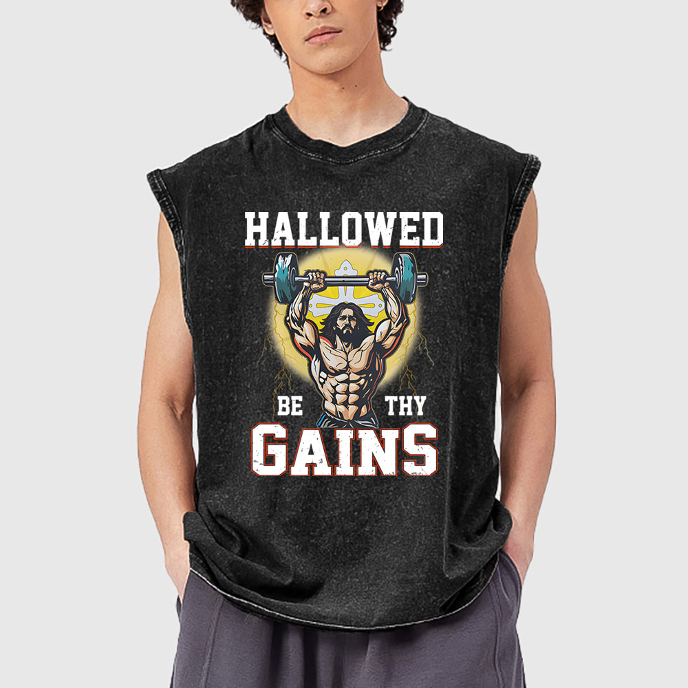 Hallowed Be The Gains Christian Washed Tank Top