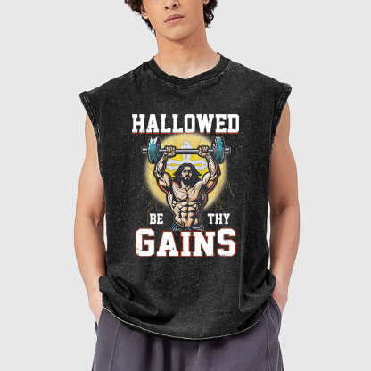 Hallowed Be The Gains Christian Washed Tank Top