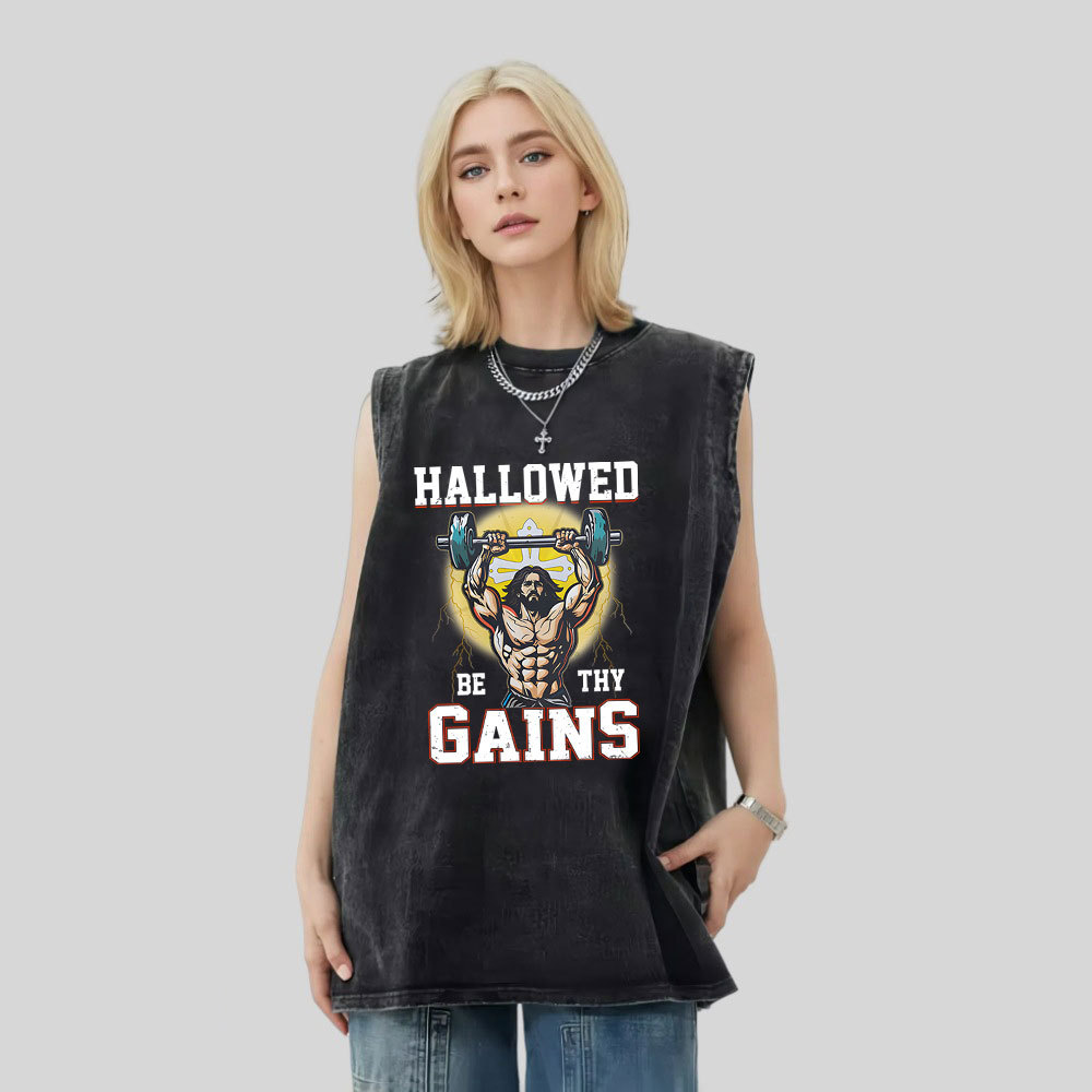 Hallowed Be The Gains Christian Washed Tank Top
