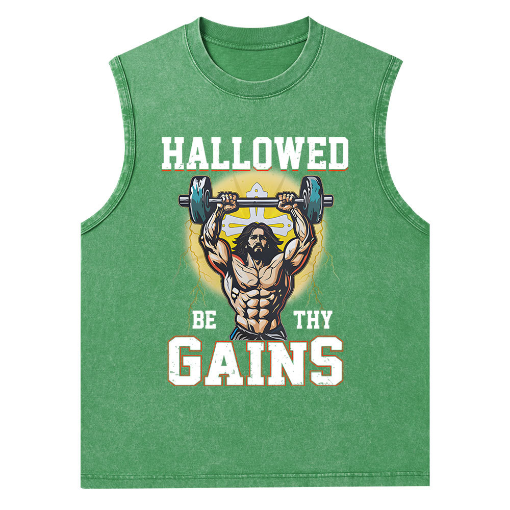 Hallowed Be The Gains Christian Washed Tank Top