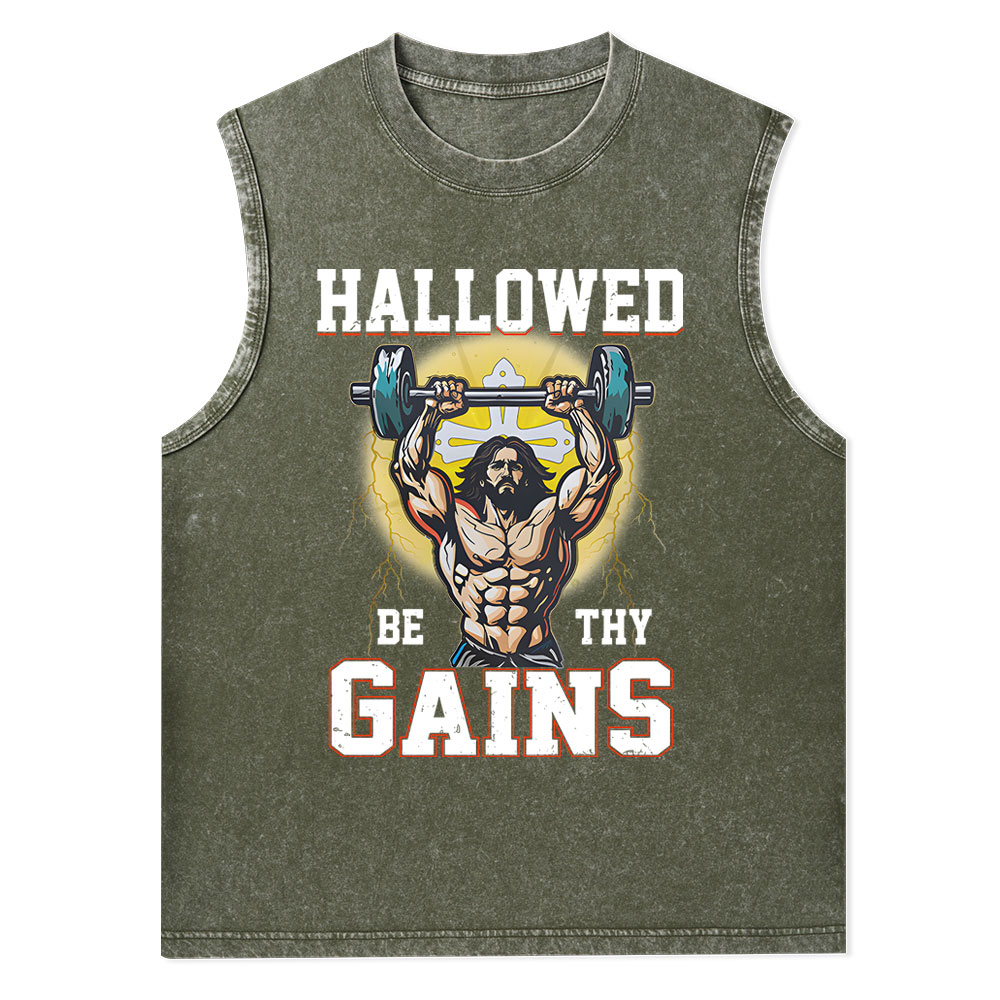 Hallowed Be The Gains Christian Washed Tank Top