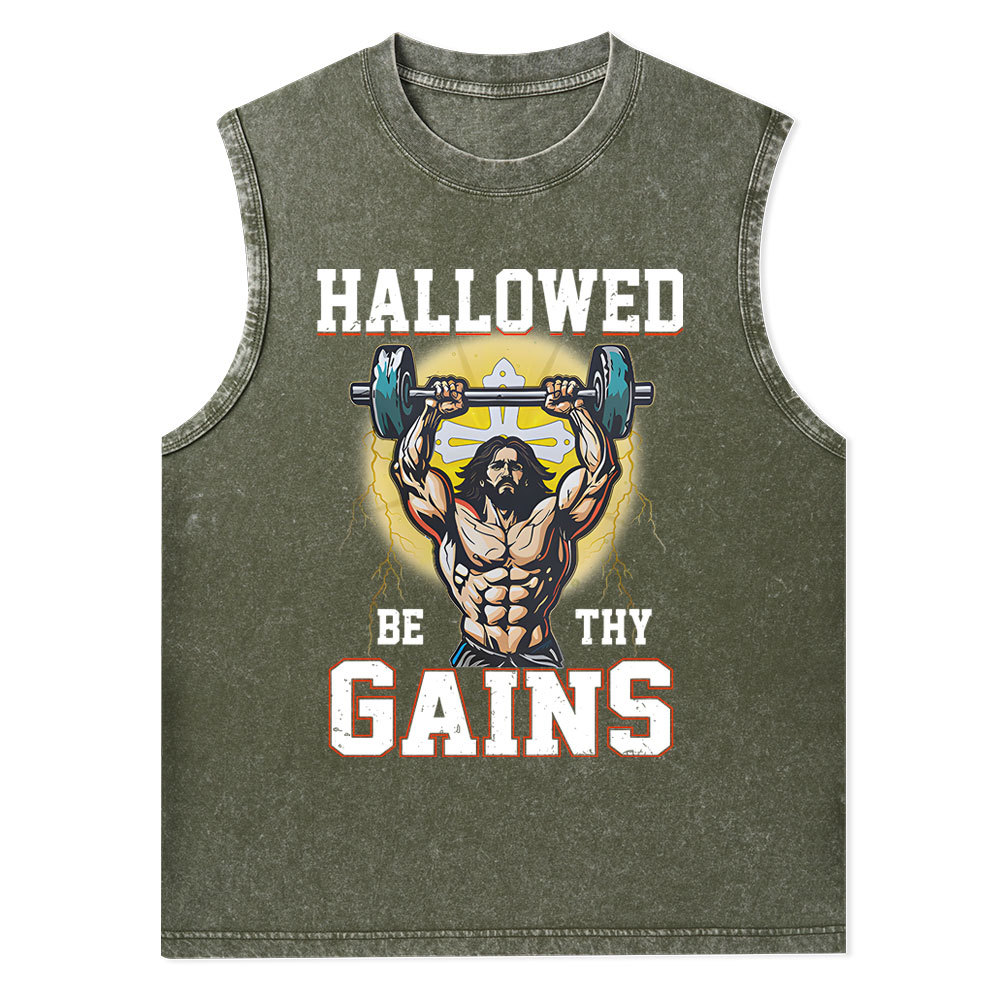 Hallowed Be The Gains Christian Washed Tank Top