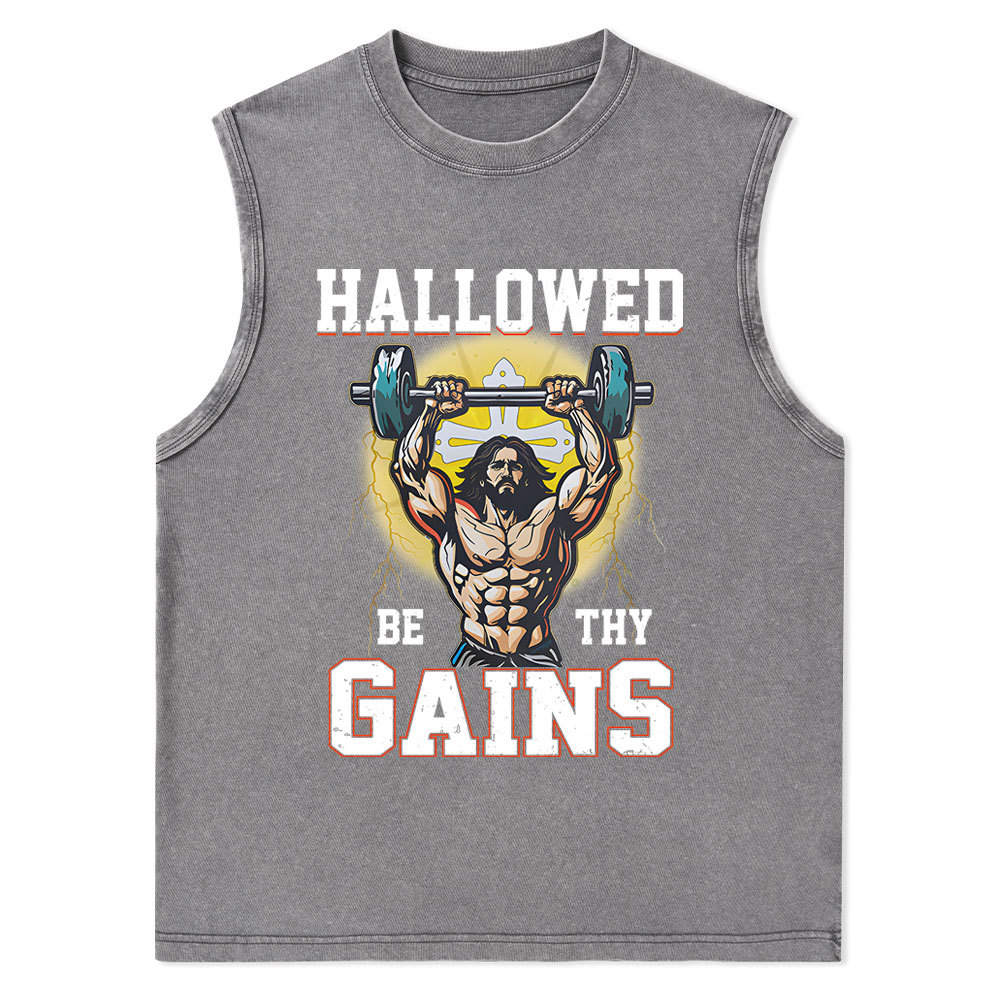 Hallowed Be The Gains Christian Washed Tank Top