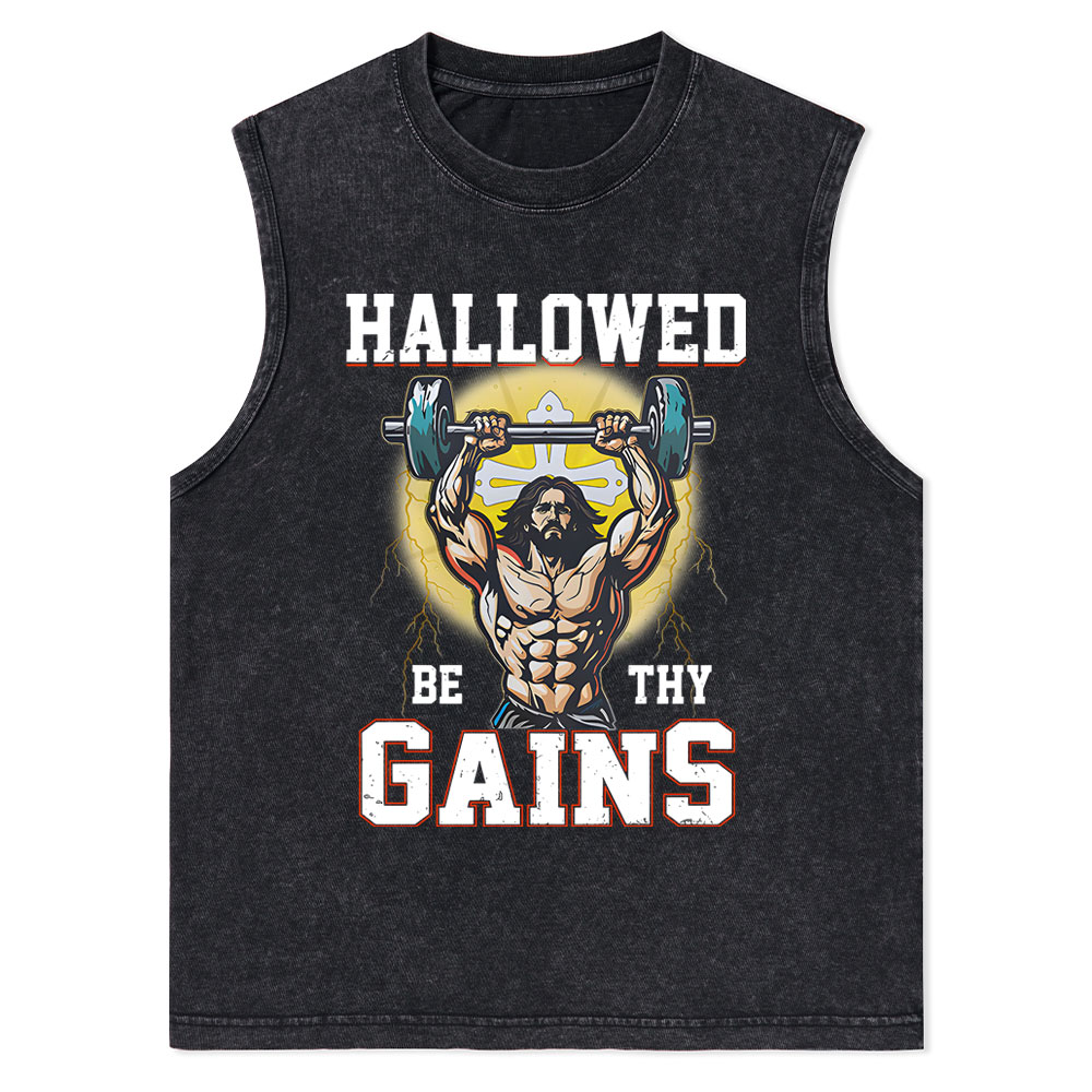 Hallowed Be The Gains Christian Washed Tank Top