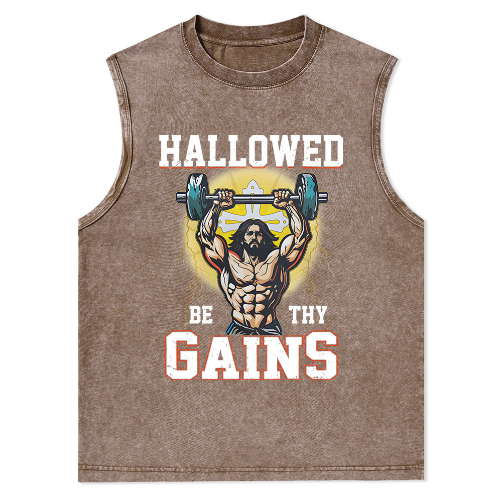 Hallowed Be The Gains Christian Washed Tank Top