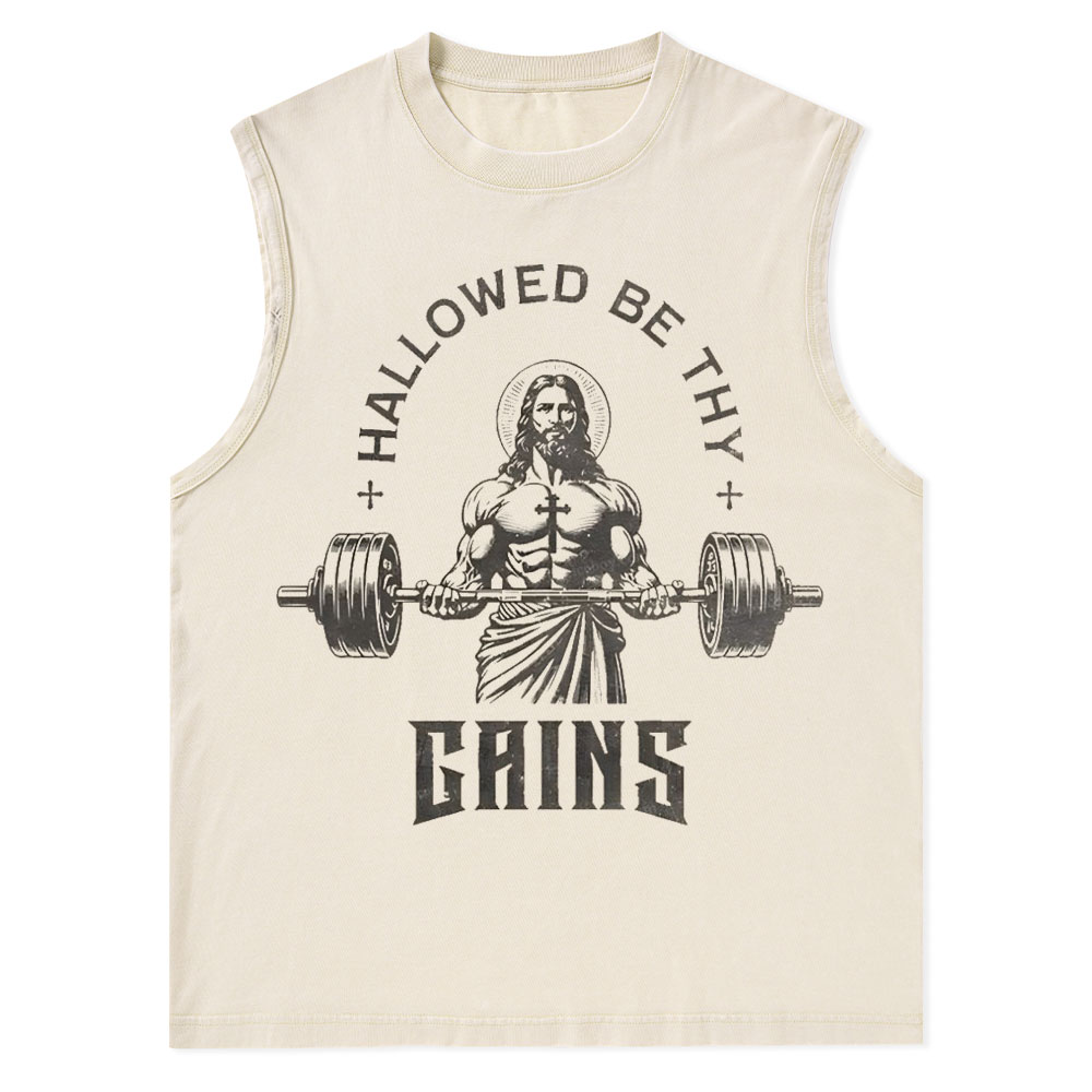 Hallowed Be Thy Gains Christian Washed Tank Top