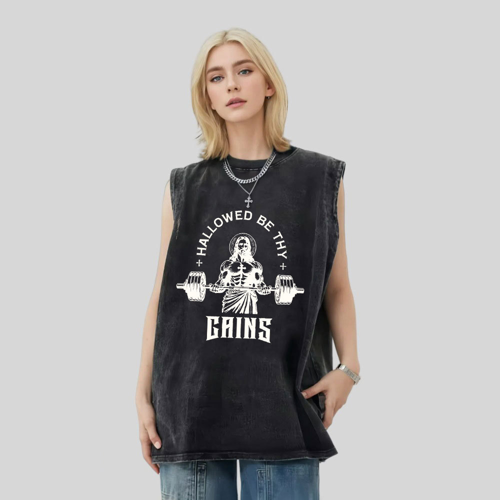 Hallowed Be Thy Gains Christian Washed Tank Top