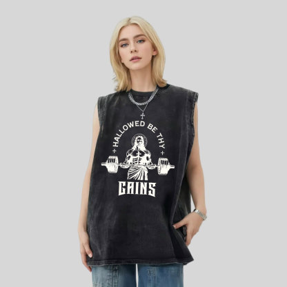 Hallowed Be Thy Gains Christian Washed Tank Top