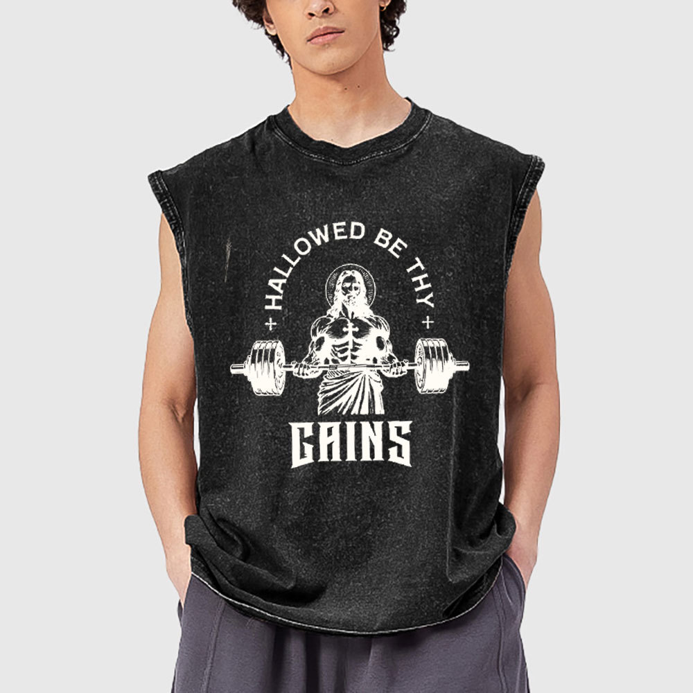 Hallowed Be Thy Gains Christian Washed Tank Top