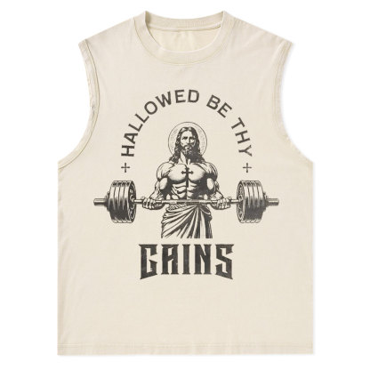 Hallowed Be Thy Gains Christian Washed Tank Top