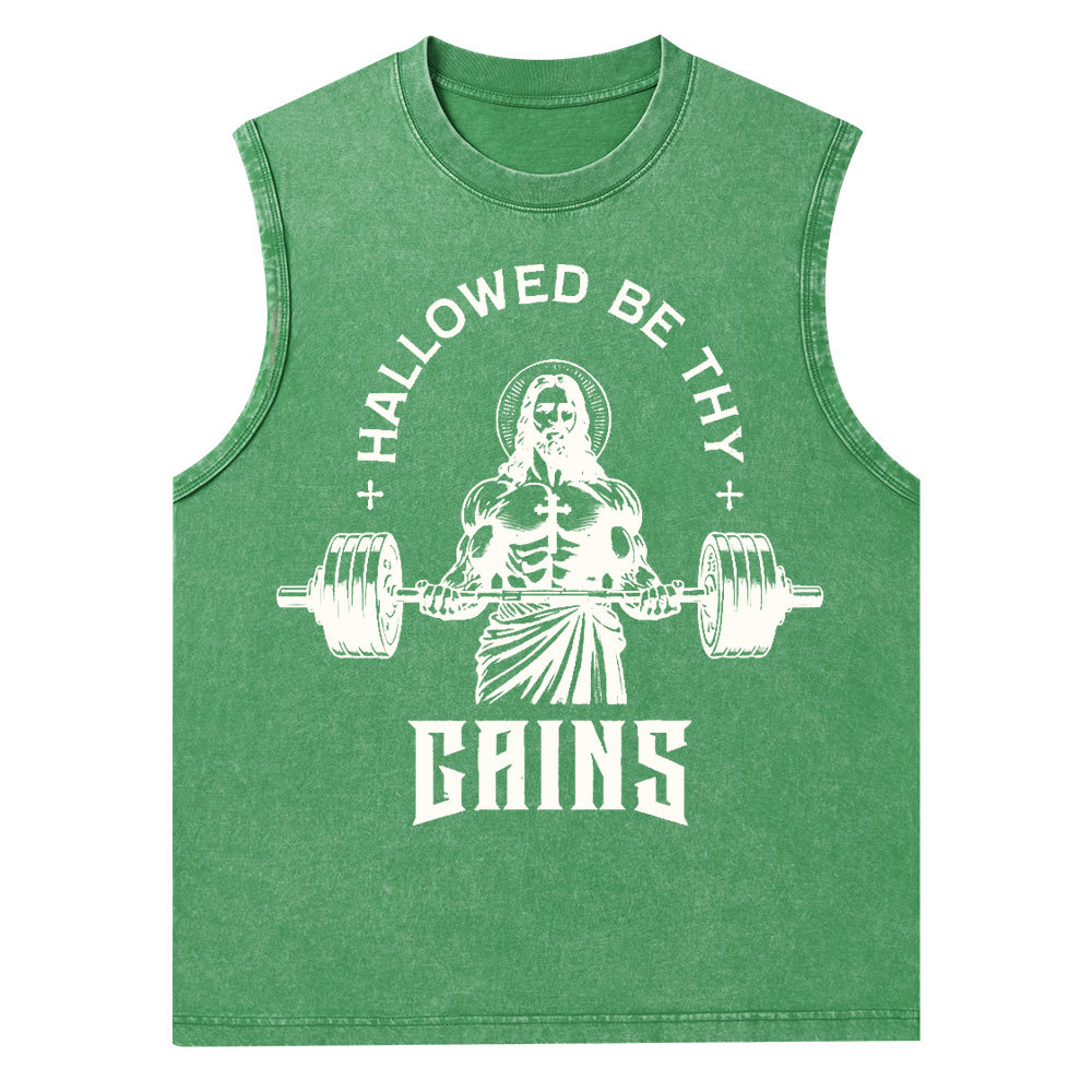 Hallowed Be Thy Gains Christian Washed Tank Top